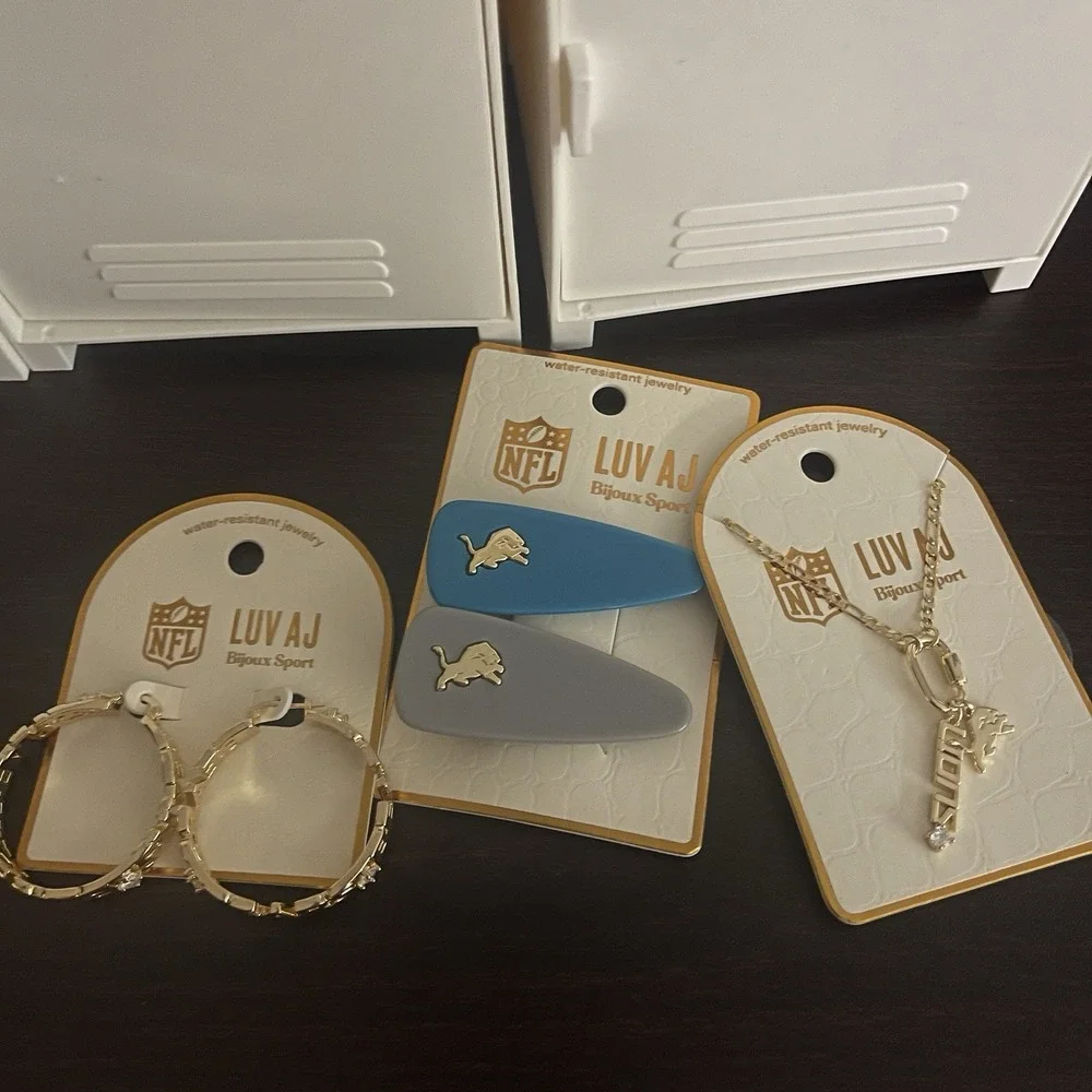 Lot Of 3 NFL Detroit Lions Necklace, Earrings, And 2 hair clips Football $85.00